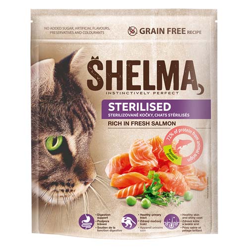 SHELMA Freshmeat Sterilised 750g lososové granule pro kočky