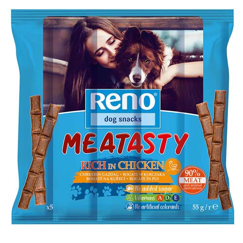 RENO Snack Dog kuřecí 5ks/55g měkké masové tyčinky pro psy