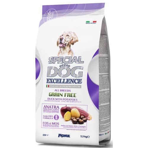MONGE SPECIAL DOG EXCELLENCE ALL BREEDS GRAIN FREE kachna + brambory 2,5kg 29/18 superprémium
