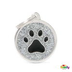 MF GREY BIG GLITTER CIRCLE BLACK PAW 3,93x3,17cm gravírovateľný přívěsek